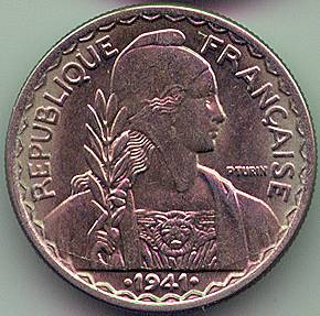 French Indochina 20 cent 1941 coin, obverse