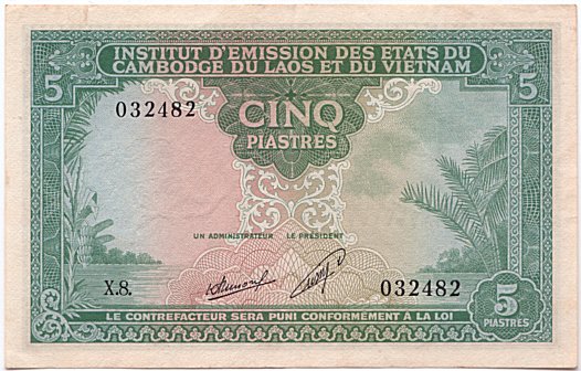 French Indochina banknote 5 Piastres 1953 Laos, face