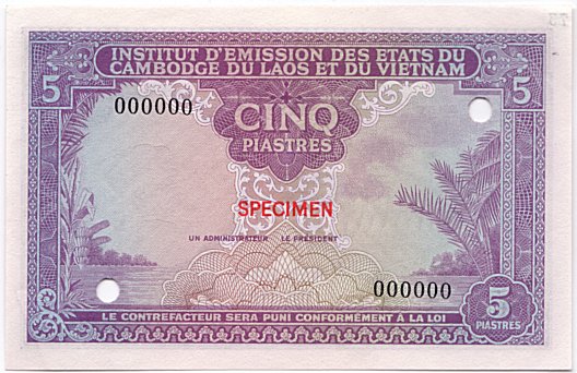 French Indochina banknote 5 Piastres 1953 Laos color proof, face