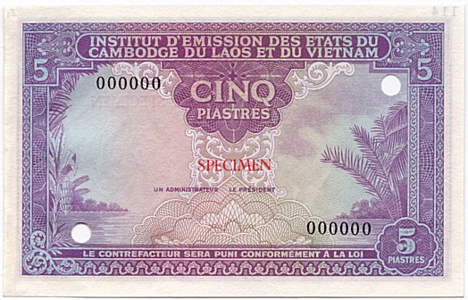 French Indochina banknote 5 Piastres 1953 Vietnam color proof, face