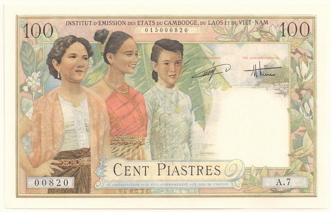 French Indochina banknote 100 Piastres 1954 Vietnam, face