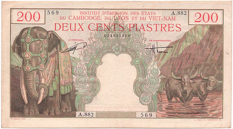 French Indochina banknote 200 Piastres 1954 Vietnam, face
