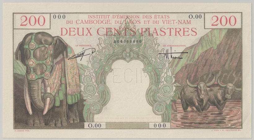 French Indochina banknote 200 Piastres 1954 Vietnam specimen, face