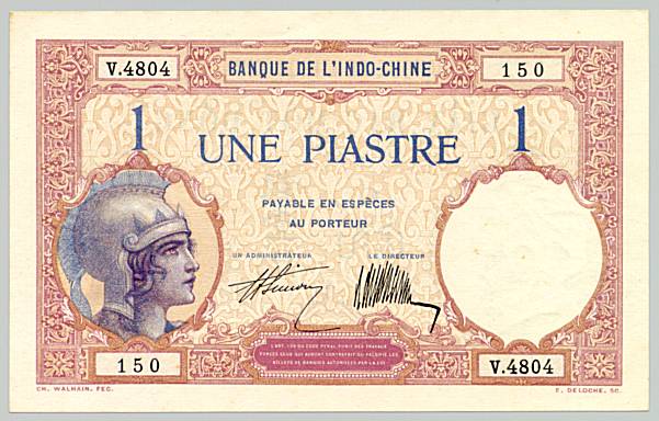 French Indochina banknote 1 Piastre 1927-1931, face