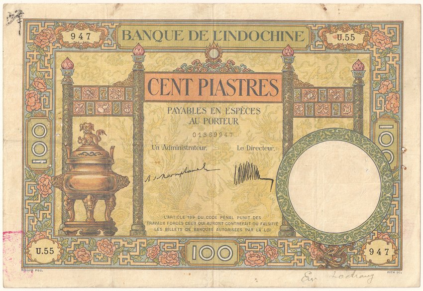 French Indochina banknote 100 Piastres 1925-1926, face