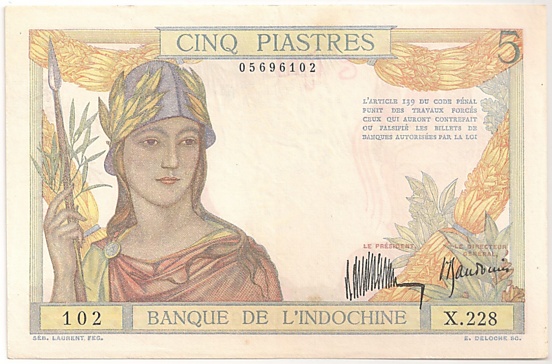 French Indochina banknote 5 Piastres 1932, face