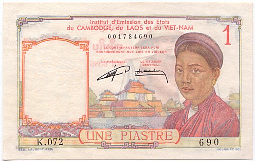 French Indochina banknote 1 Piastre 1953, face